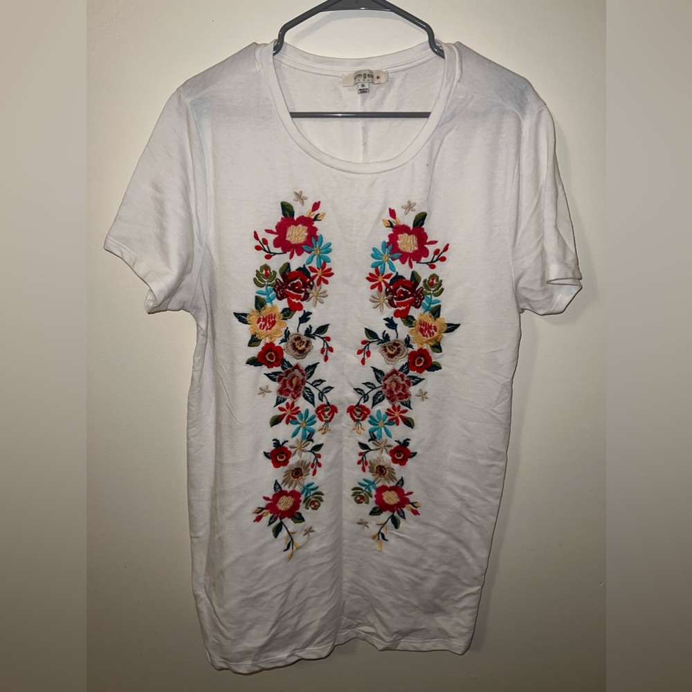 Umgee White Shirt Dress with Embroidered Flowers